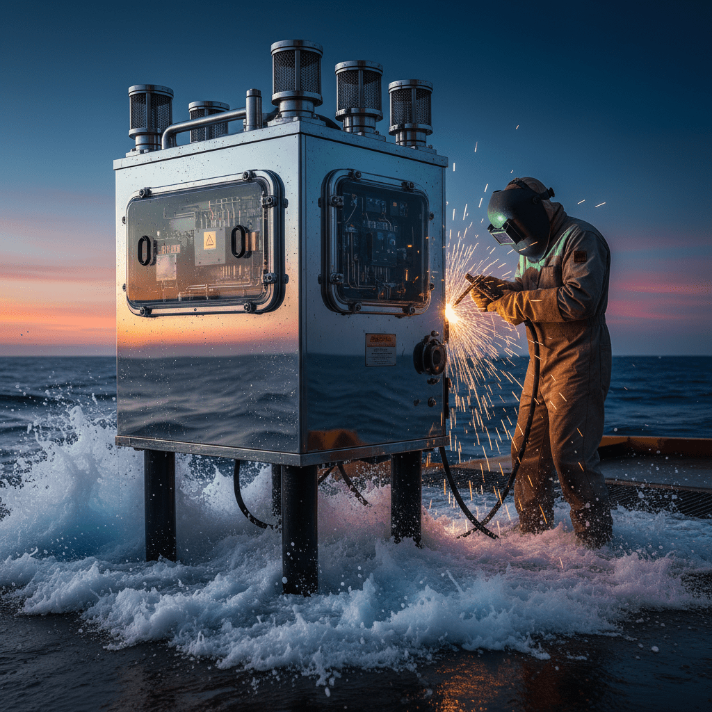 Welder operates stick welding plant on offshore oil rig deck at dusk.