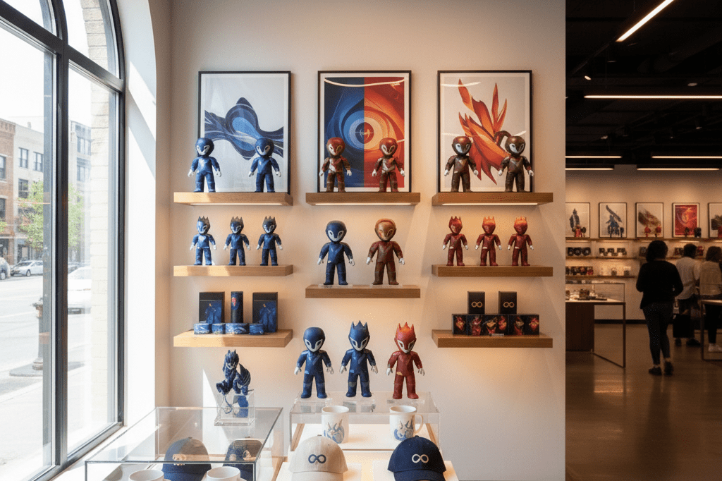 Stylish retail shelf displaying abstract crossover-themed products under soft ambient lighting, emphasizing merchandising potential