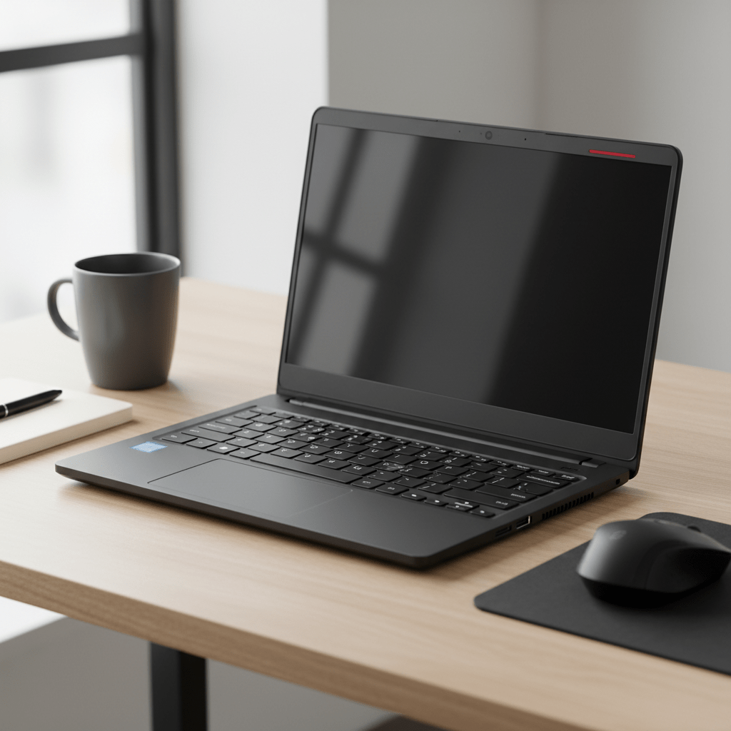 Modern office laptop with matte black chassis on a clean wooden desk.