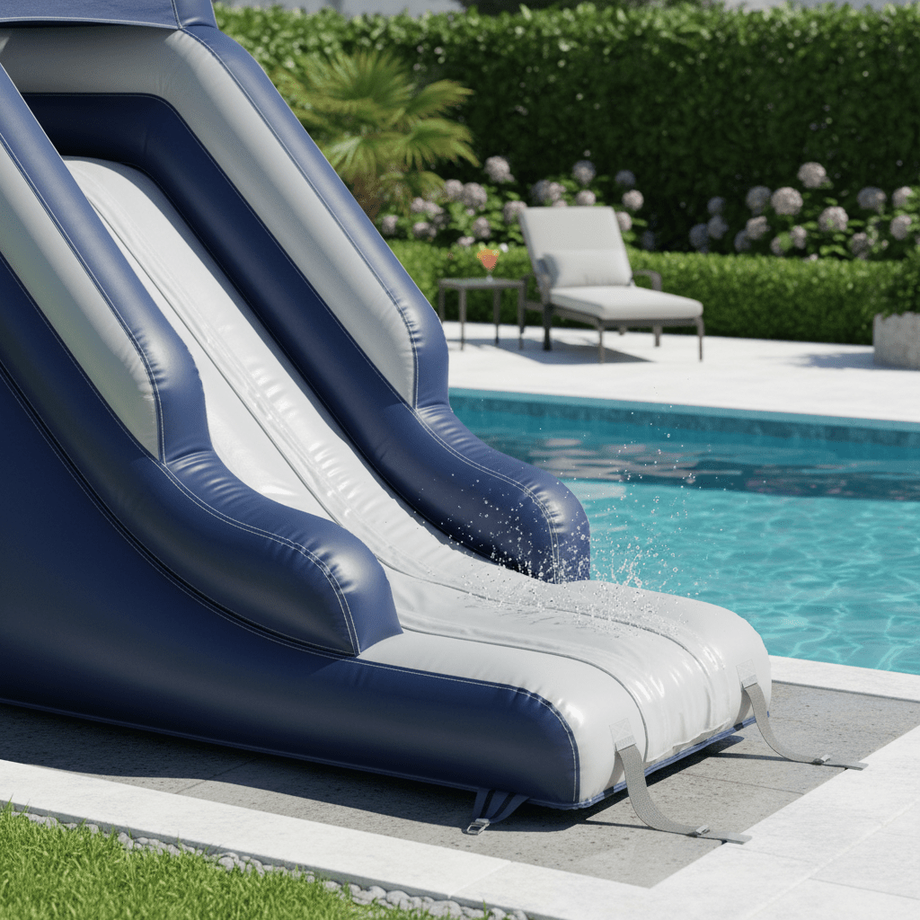 Luxurious navy and silver inflatable pool slide beside a turquoise above-ground pool.