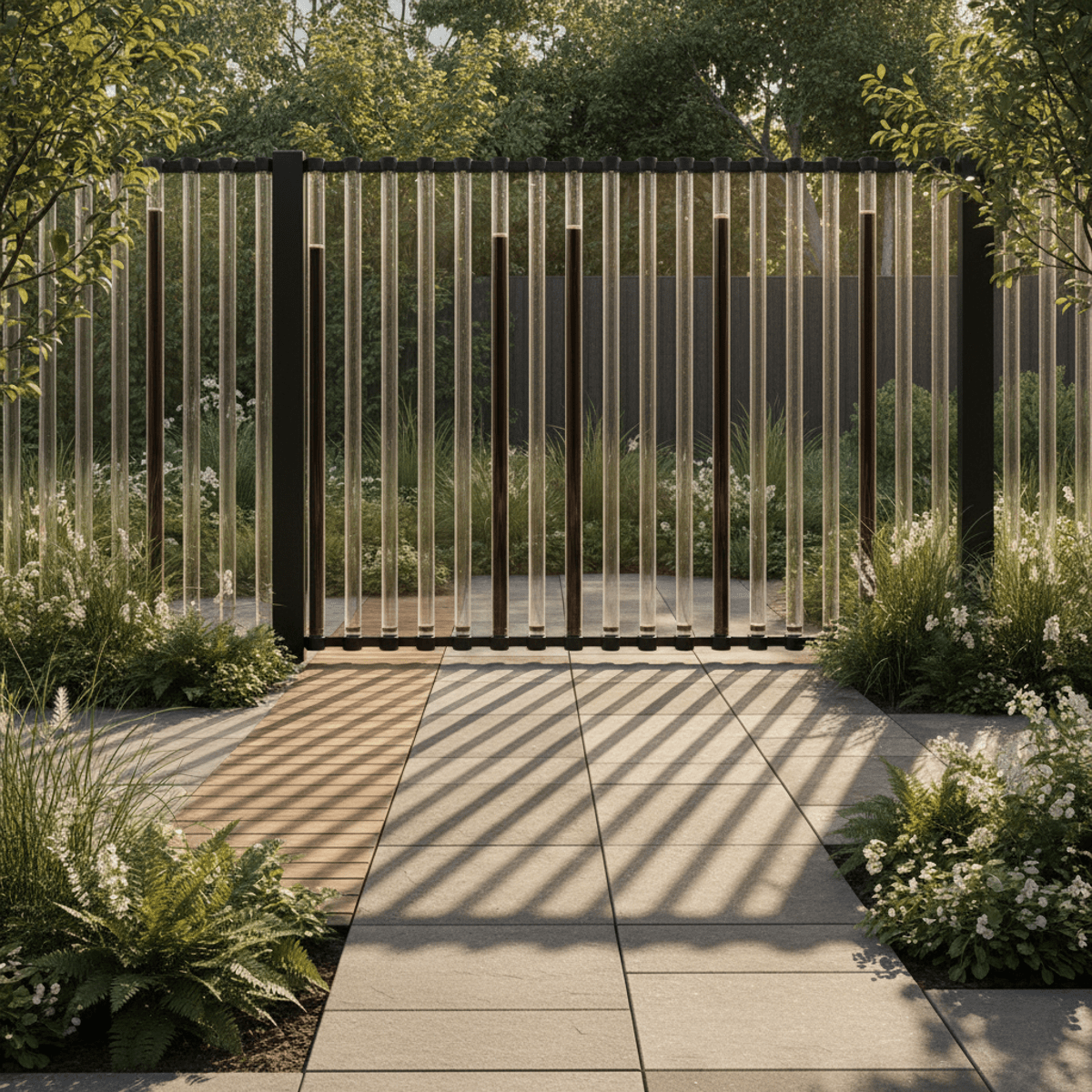 Modern backyard fence with vertical evacuated glass tubes functioning as solar heaters.