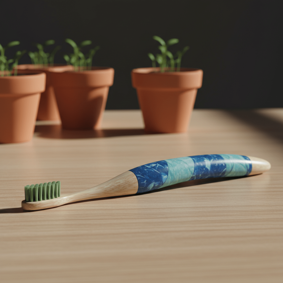 Close-up of a futuristic eco-conscious vibrating toothbrush made from recycled ocean plastic.