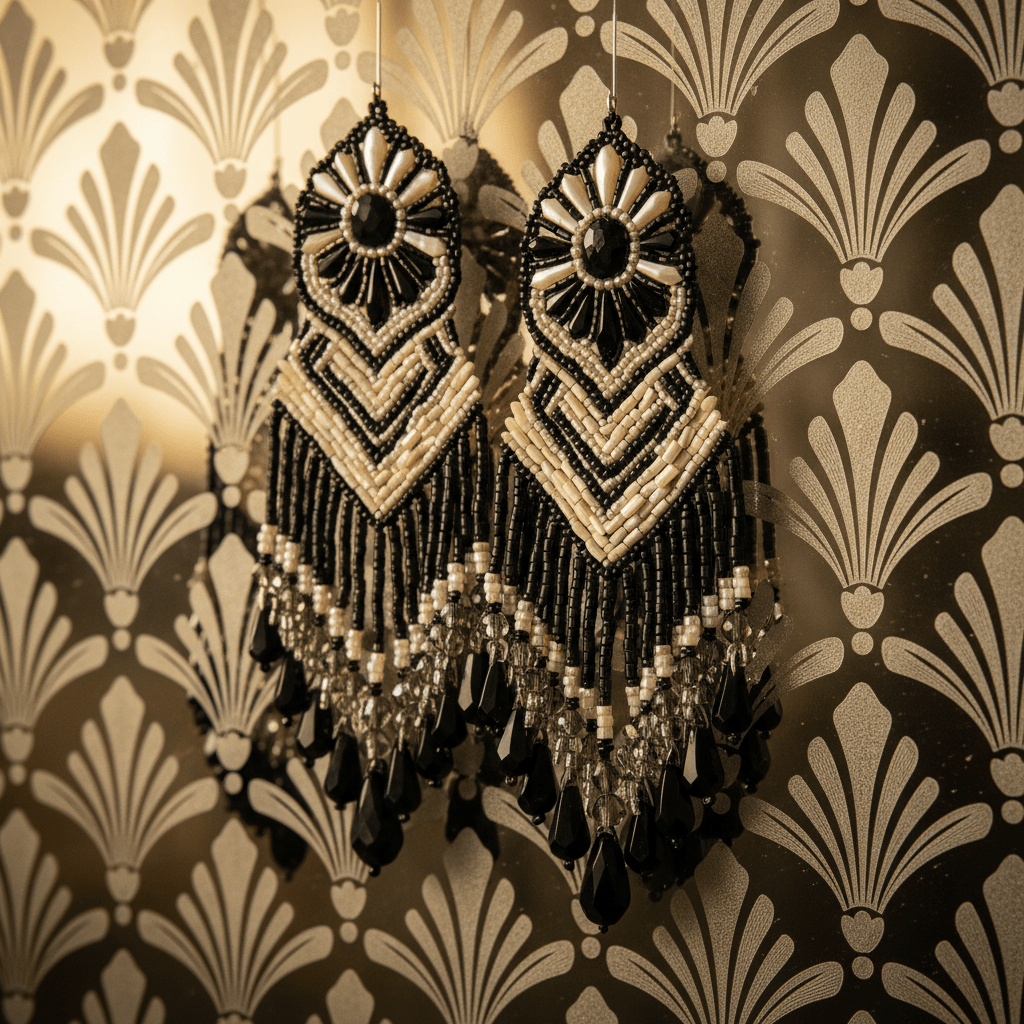 Opulent black and ivory Art Deco tassel earrings with beadwork and crystals.