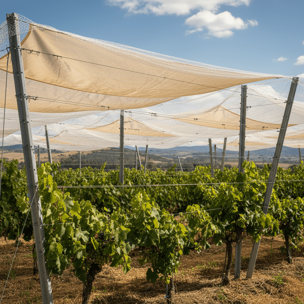 Vineyard with steel posts, shade cloth, and hail netting under a blue sky.