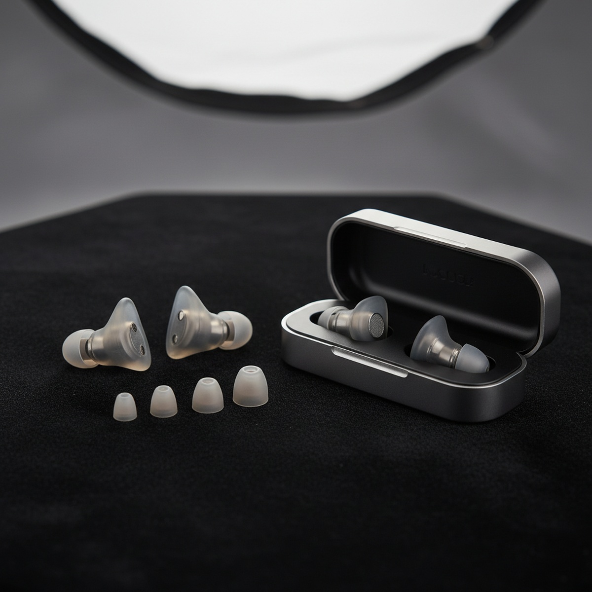 Premium silicone earplugs with interchangeable tips and storage case on velvet.