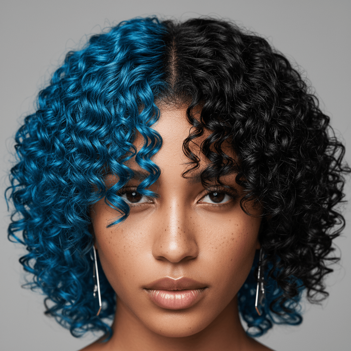 Bold two-tone jeri curl hairstyle with glossy black and electric blue wet-look curls.