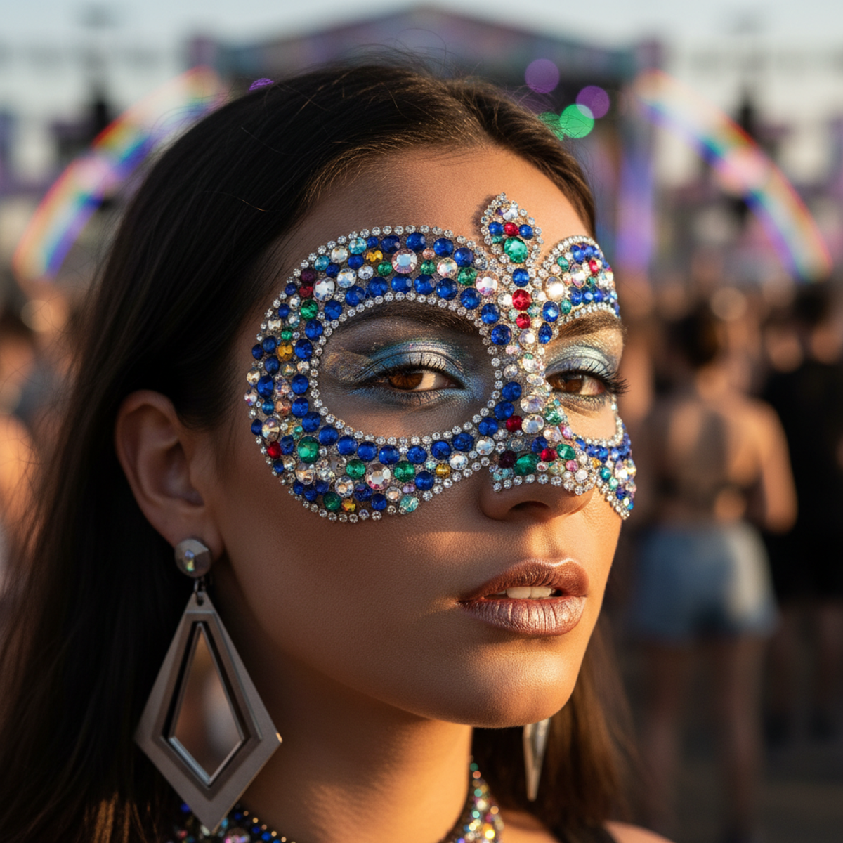 Festival-goer with rhinestone-decorated nose and vibrant metallic eye makeup.