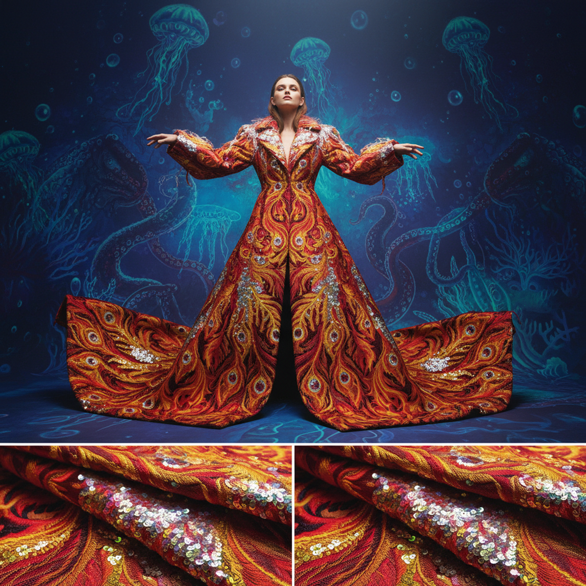 Maximalist coat with flame phoenix feathers, jacquard, and embroidery on a dark background.
