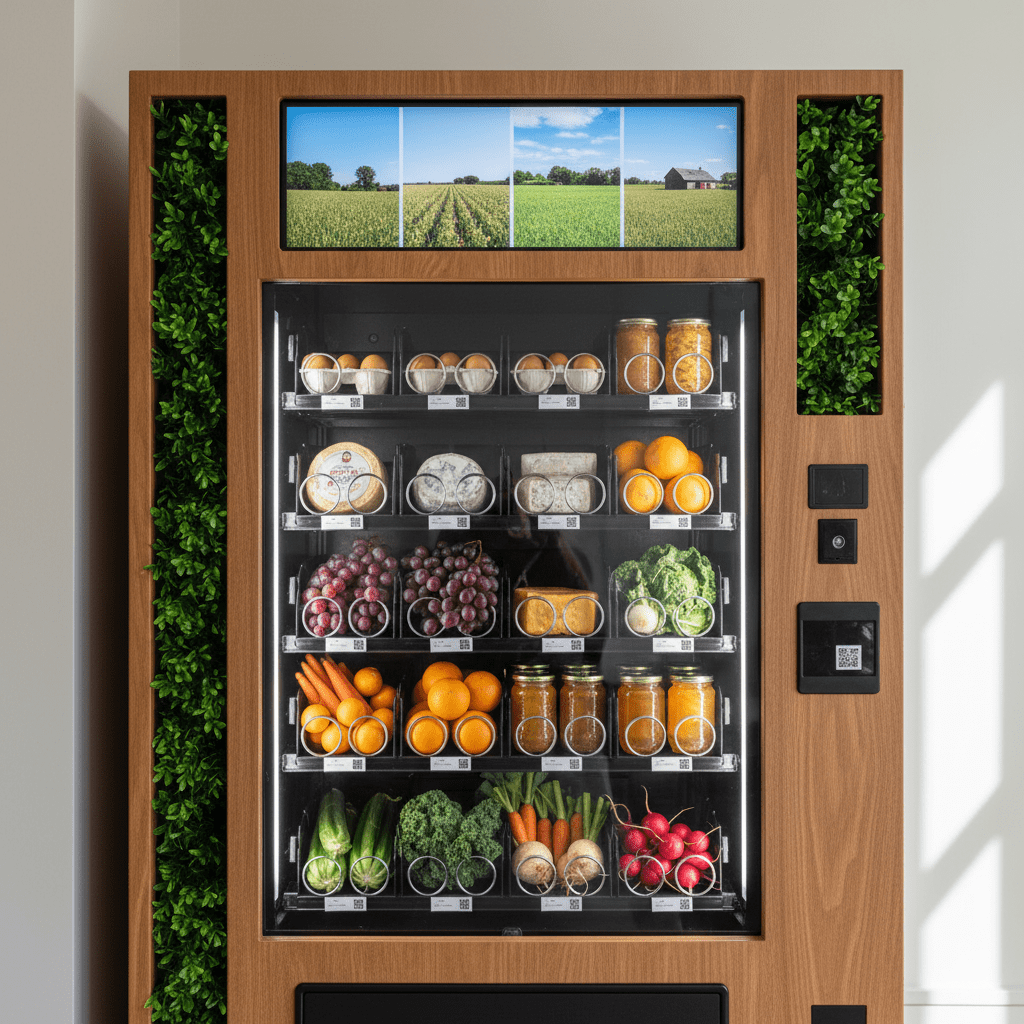 Modern vending machine with natural wood dispensing farm-fresh eggs, cheese, fruits, and honey.