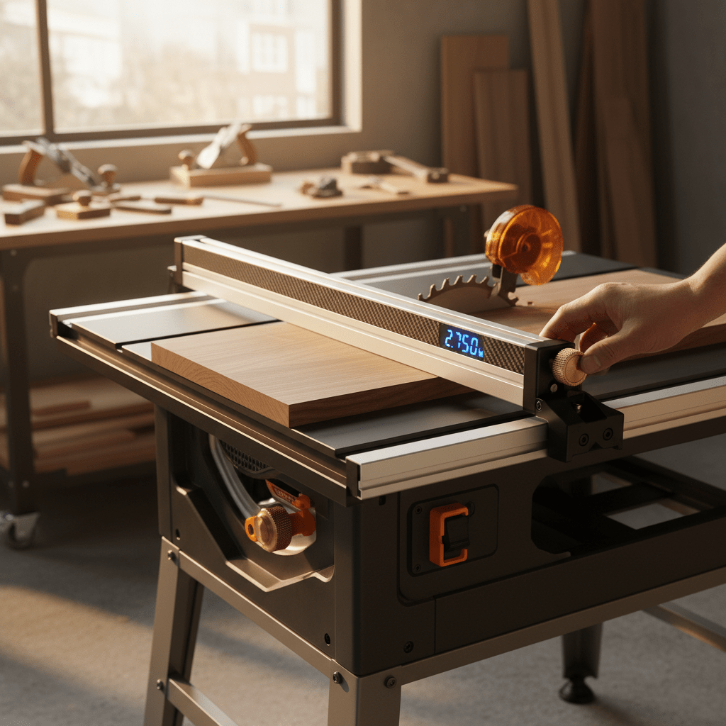 Modern cordless table saw in a high-end studio, precision fence gliding smoothly.