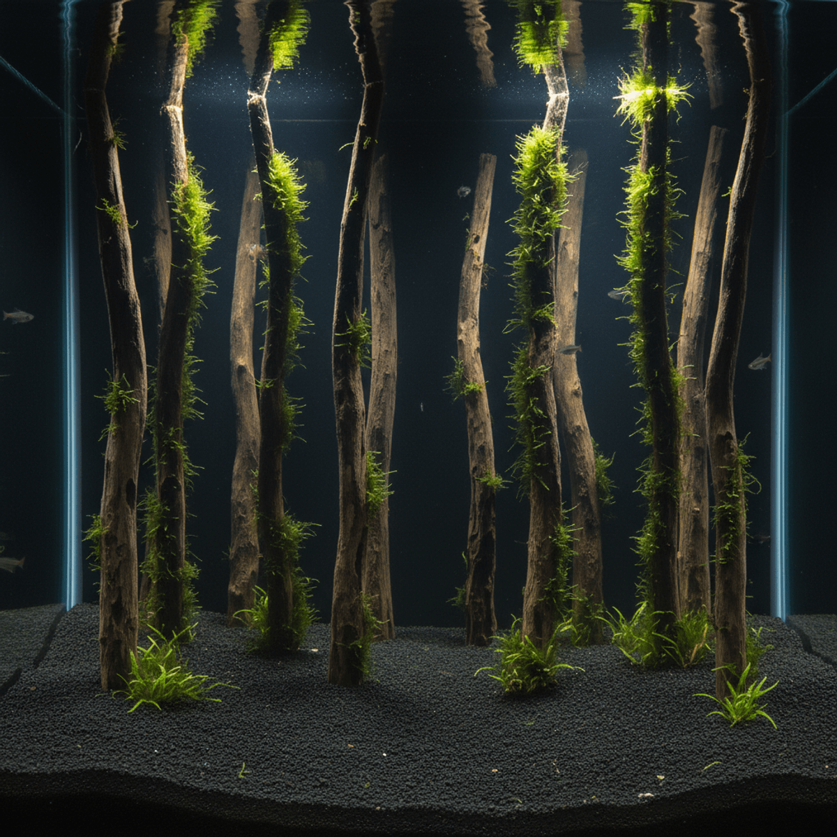 Aquarium with dark driftwood resembling a sunken ancient forest, covered in green moss.