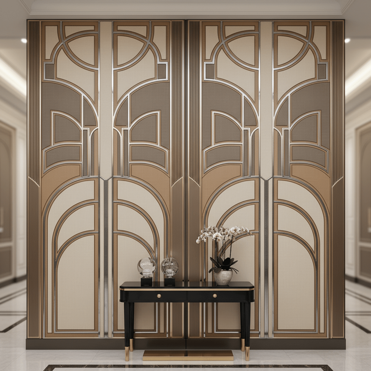 Art Deco wall paneling with recessed arches and curves in a grand entryway.
