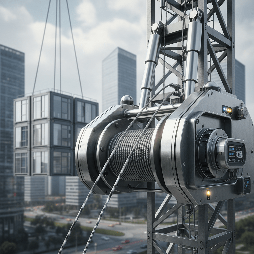 High-speed hydraulic winch on tower crane lifts modular building unit above city.