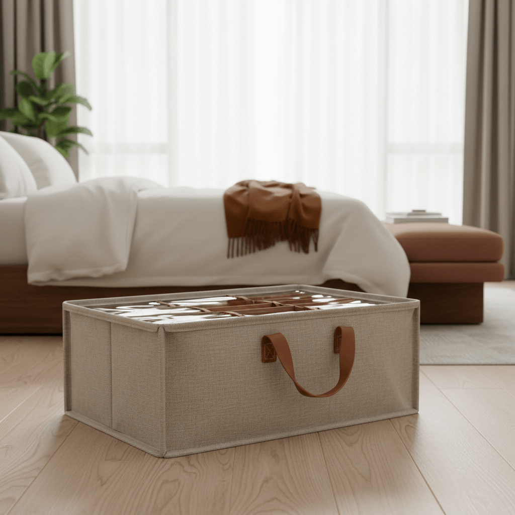 Premium woven linen shoe organizer in oatmeal with leather handles and cedar dividers.