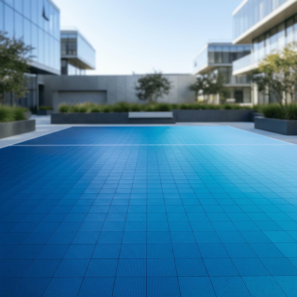 Luxury sport court tiles with a seamless blue ombré gradient fade.