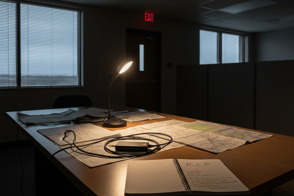 Medium shot of an office desk with emergency LED lamp, power bank, maps, and notebook under dim ambient light during a blackout