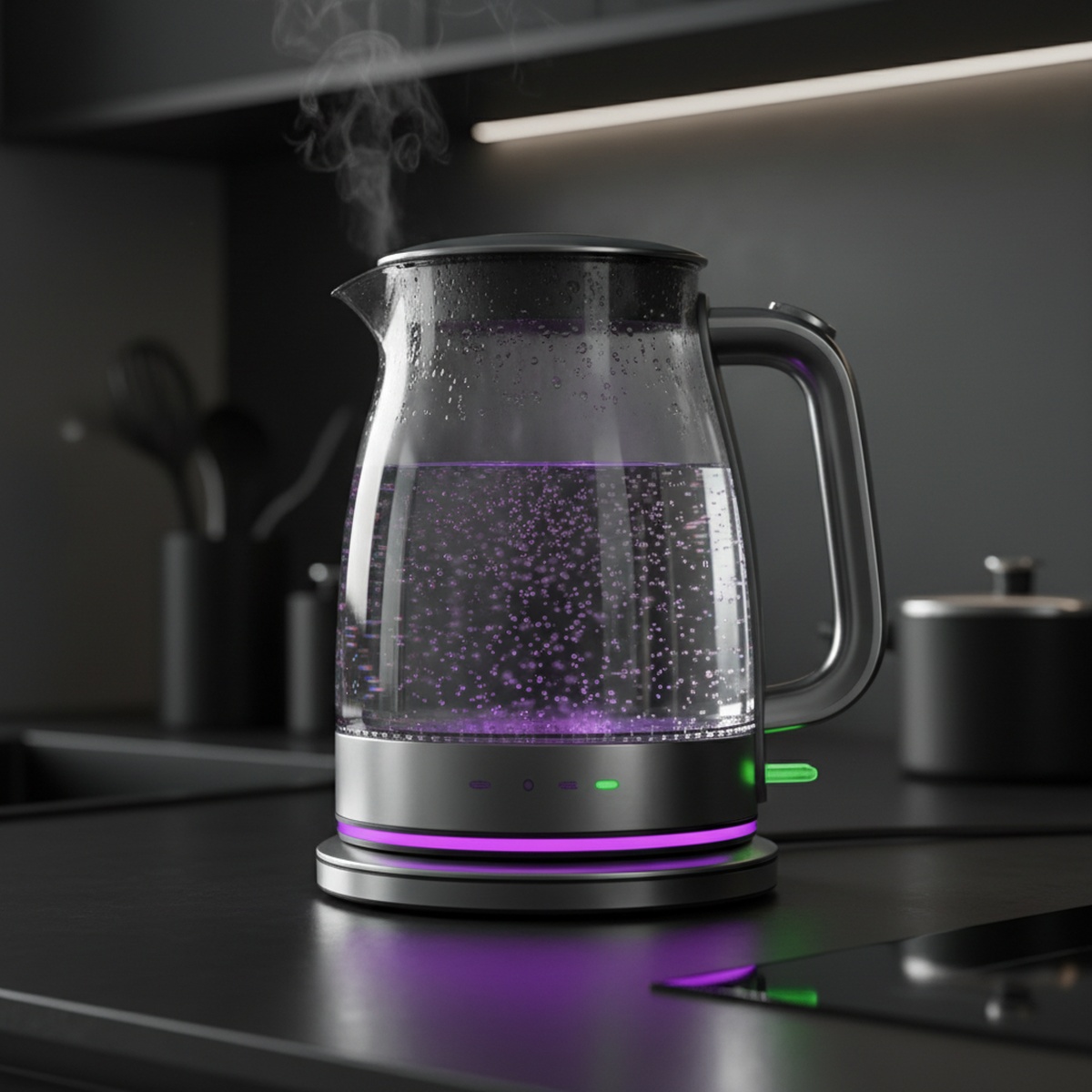 High-tech glass kettle with LED temperature feedback on matte black kitchen background.