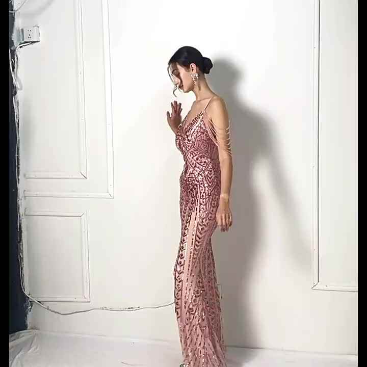 New Elegant Temperament Women Beaded Spaghetti Strip Evening Dress  Temperament Tassel Sequined Banquet Slim Evening Dress