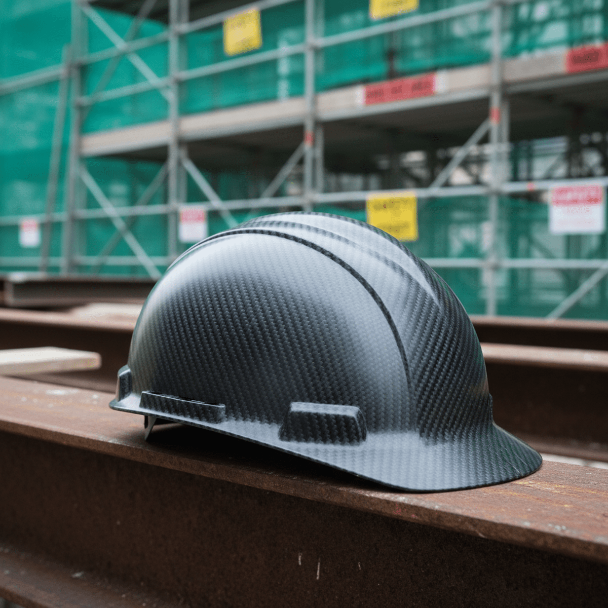 Close-up of a carbon fiber composite hard hat on a steel beam at a construction site.