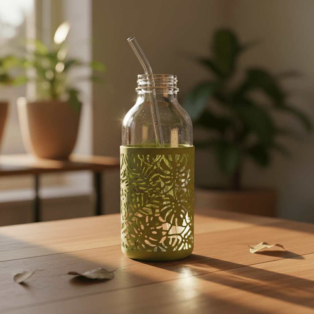 Borosilicate glass water bottle with botanical silicone sleeve in golden hour light.