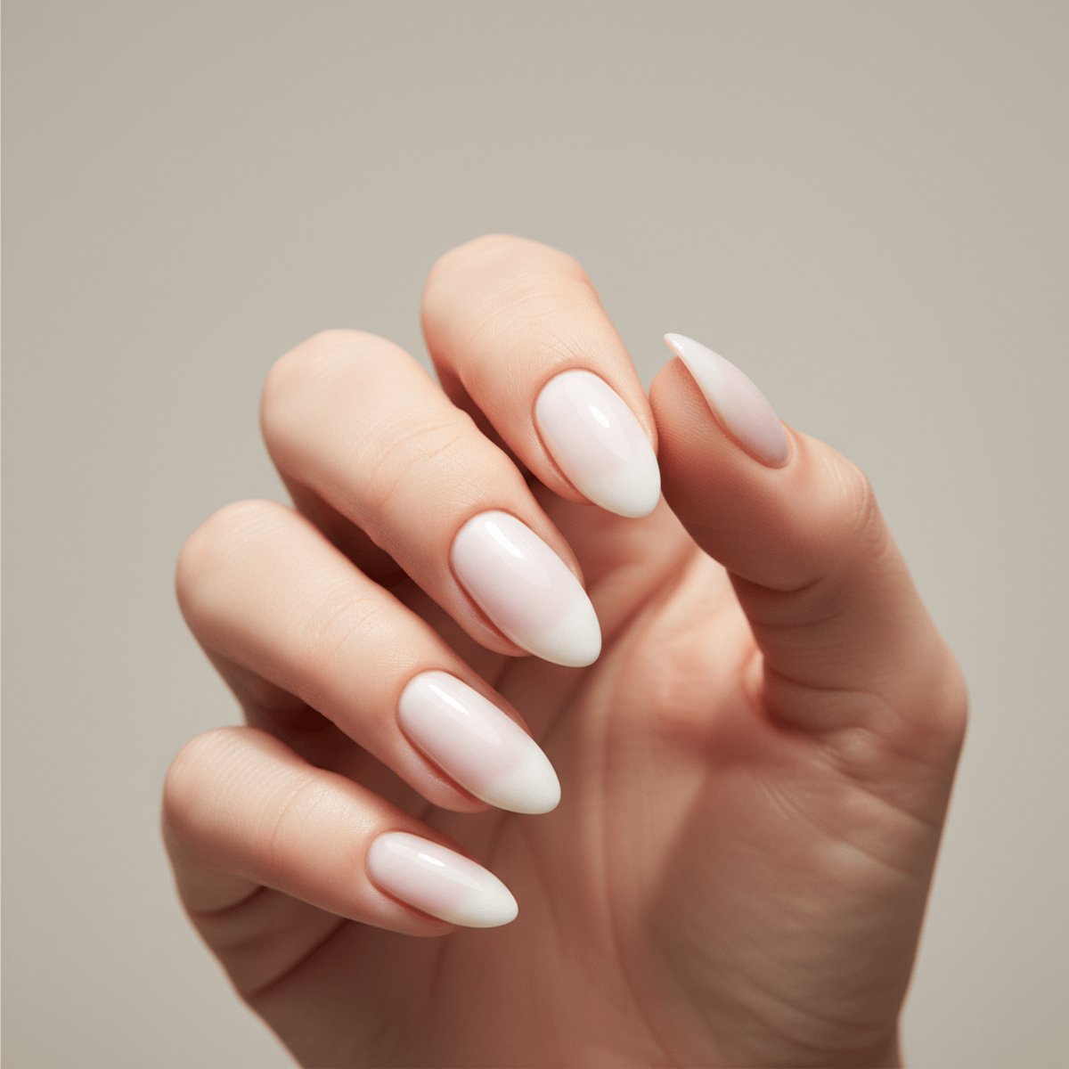 Close-up of milky white nails with natural undertones and a smooth, healthy gloss.