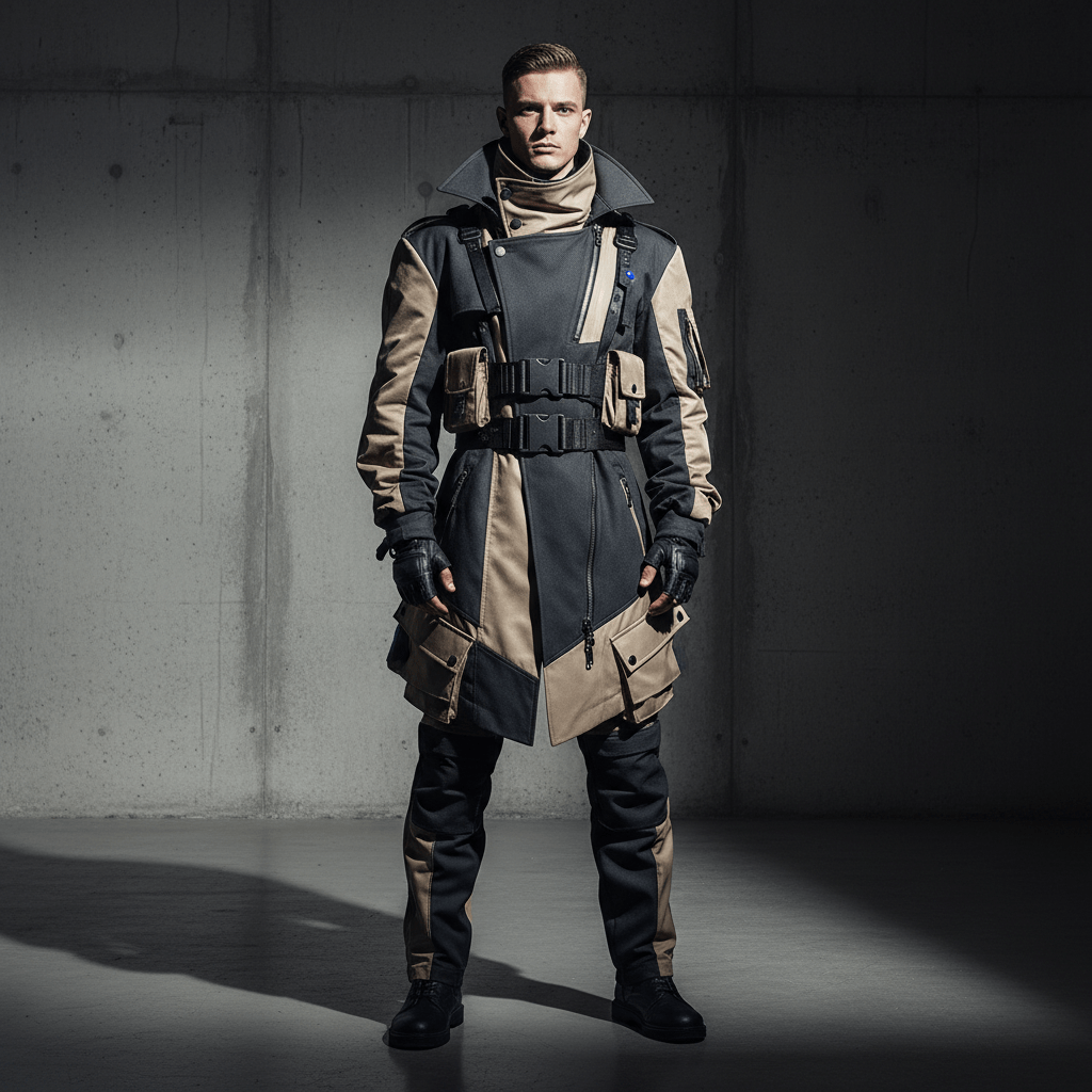 Asymmetric futuristic combat uniform with matte canvas and glossy nylon panels.