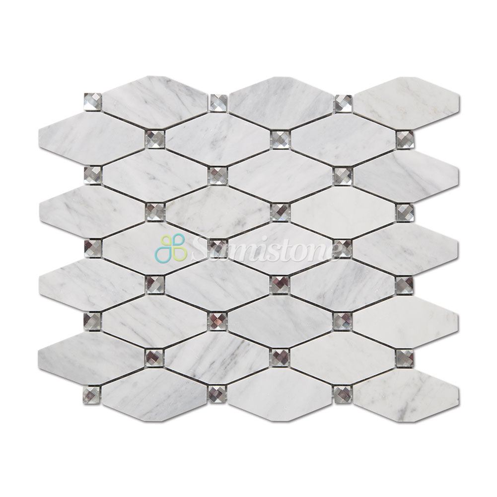 Samistone Popular Carrara Natural Stone Mix Glass Octagon White Marble Mosaic Backsplash Tiles for Kitchen