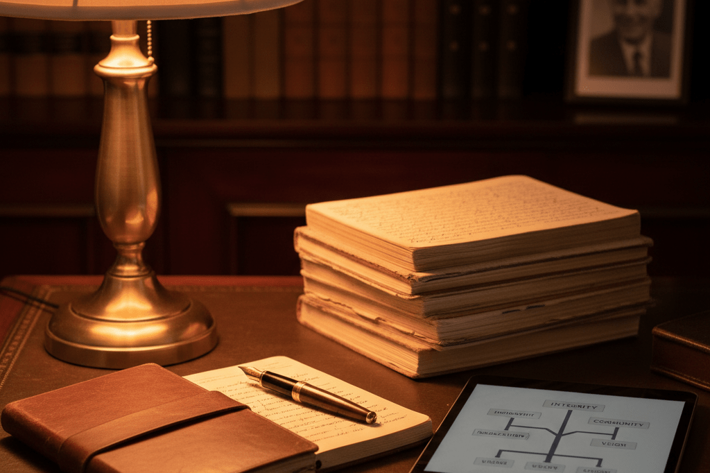 Warmly lit office desk with notebooks, journal, and digital tablet symbolizing preserved wisdom and strategic continuity in business