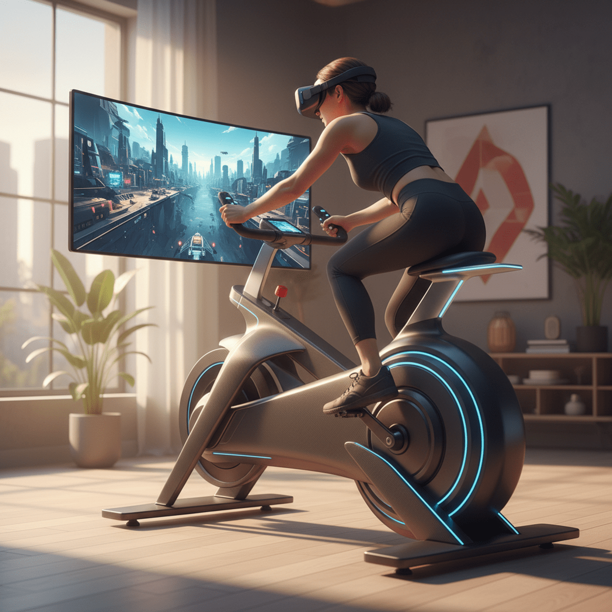 Futuristic exercise bike with neon blue lights in a modern studio.