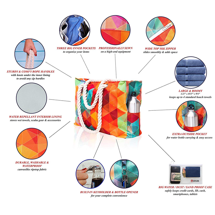 Borsa da spiaggia Tote per generi alimentari con manici in corda di cotone impermeabile per l'estate