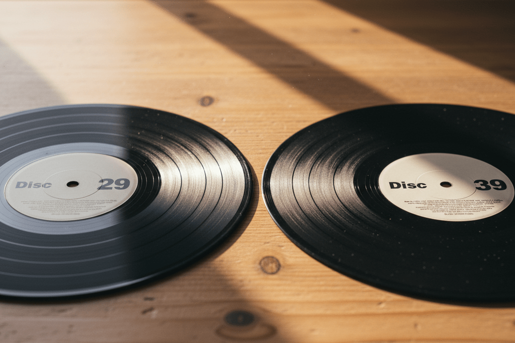 Close-up of two labeled vinyl records under natural light symbolizing contrasting creative stages in music