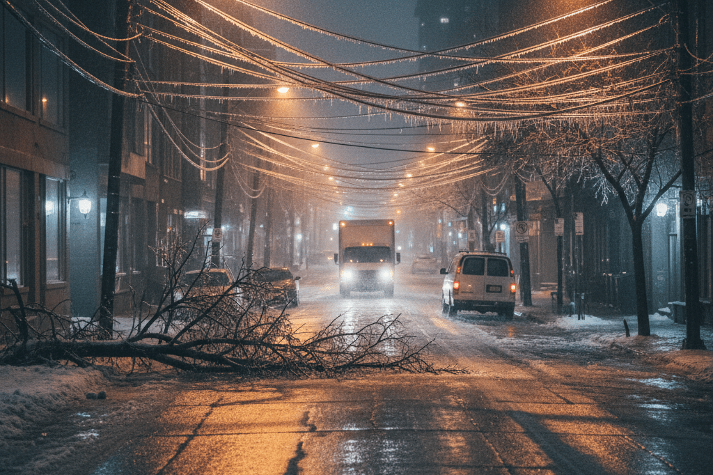 Urban street scene showing power lines and broken branches coated in ice under dim streetlight illumination