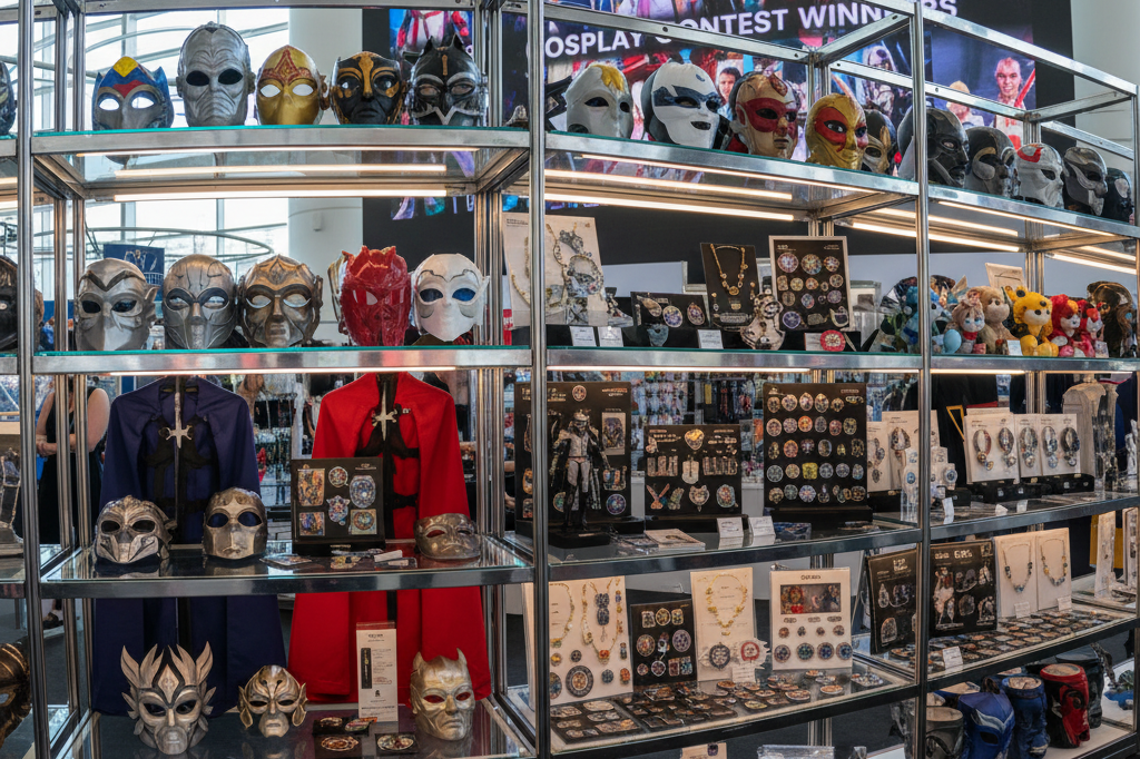 Wide-angle view of a bustling convention booth with themed products and digital screens reflecting cosplay trends