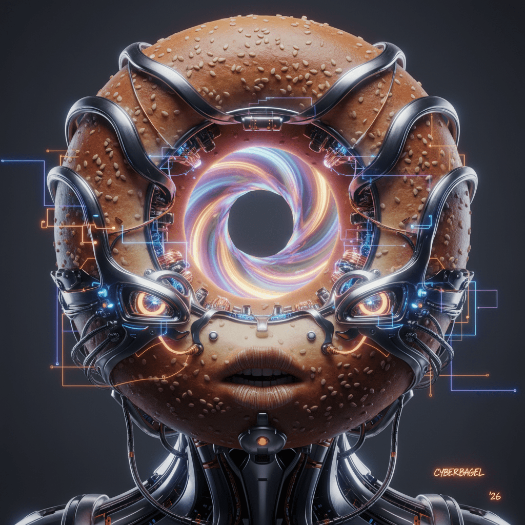Digital NFT art portrait of a customizable bagel head avatar with cybernetic implants.