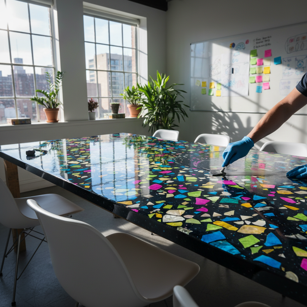 Eco-conscious terrazzo epoxy countertop with recycled glass in a modern office.