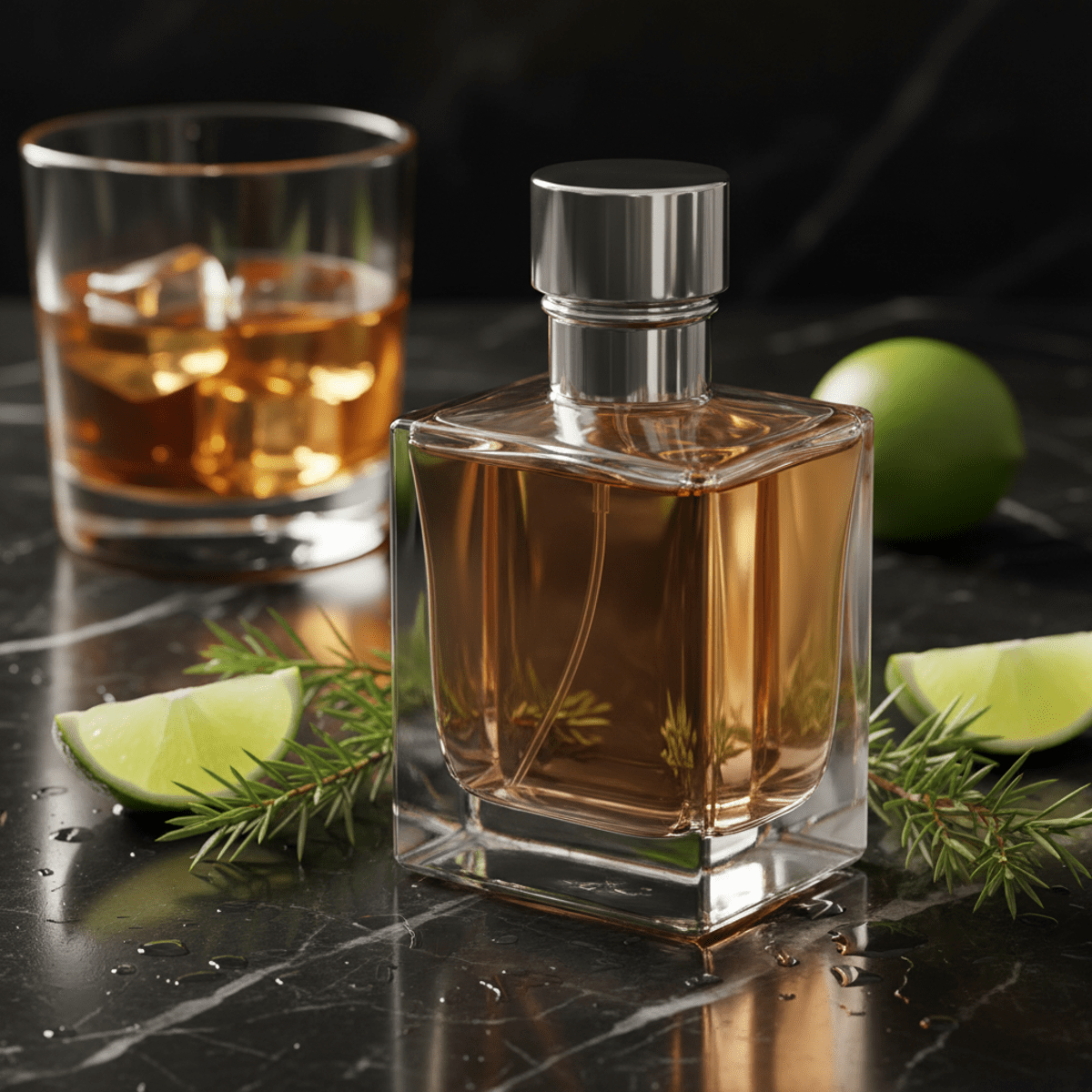 Budget cologne bottle with sharp edges on black marble with lime and rum.