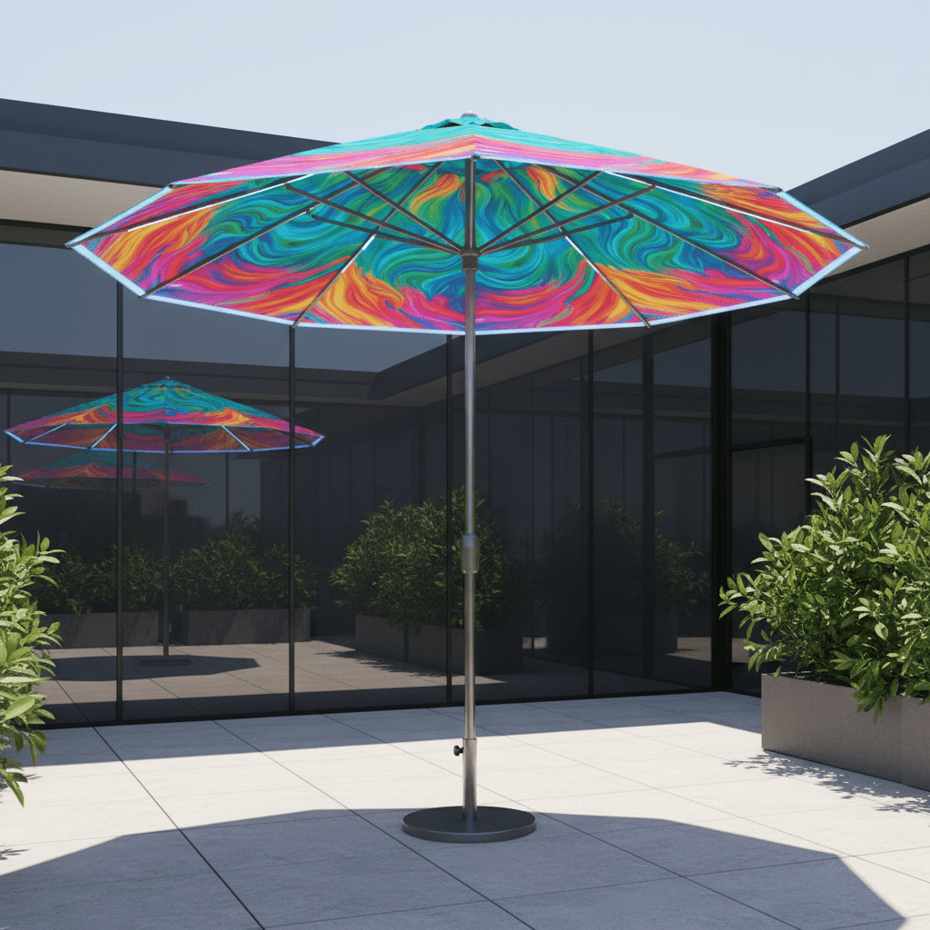 Vibrant tropical hues on a color-shifting umbrella on a modern rooftop terrace.
