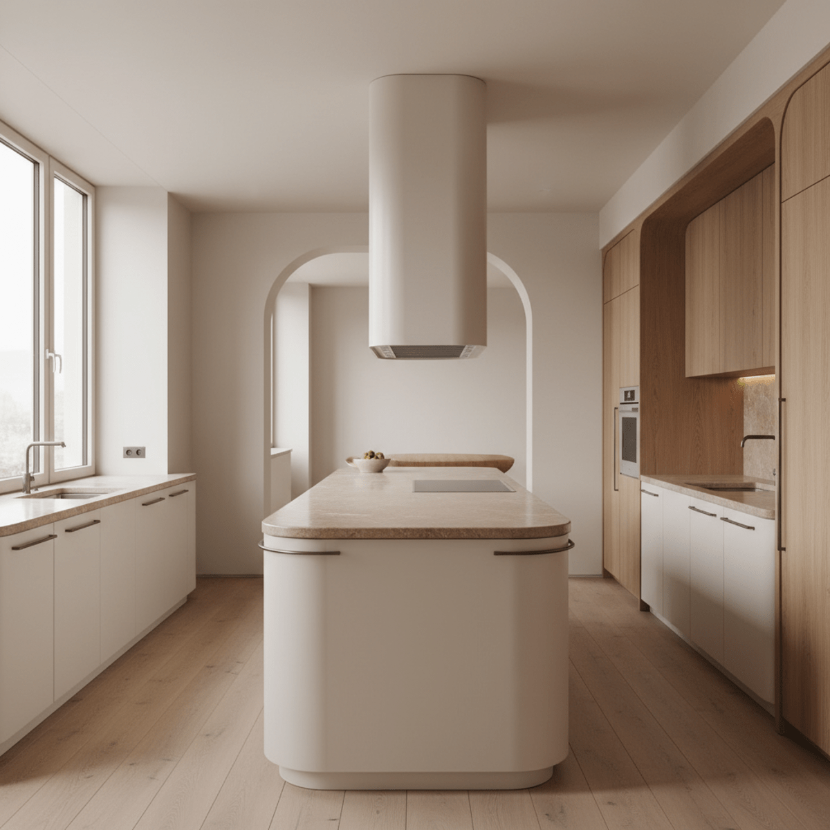 Modern kitchen with curved island, rounded corners, and arched doorway, bathed in soft light.