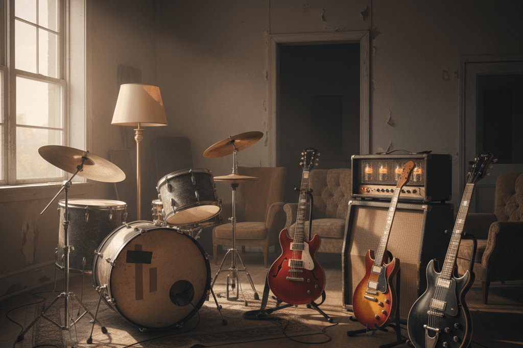 Dimly lit rehearsal space with classic instruments and amps under warm ambient light, symbolizing long-term industry impact