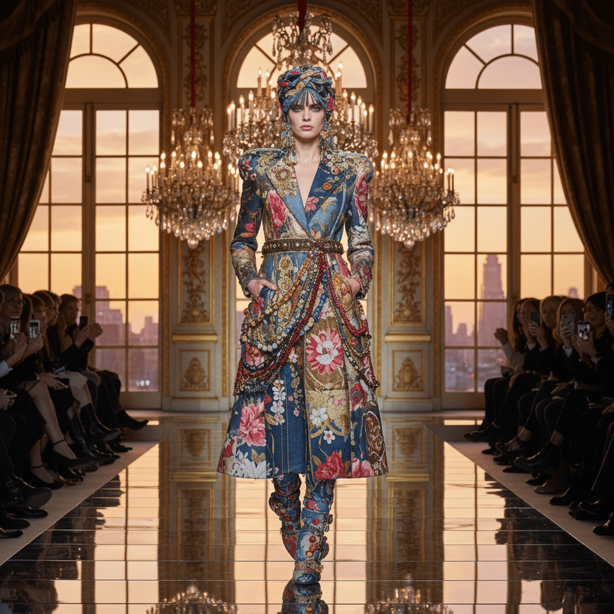 Maximalist runway coat crafted from vintage fabrics, paint, embroidery, and beads.