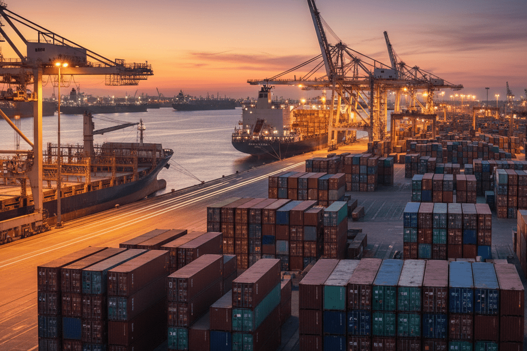 Dusk view of a bustling port with cargo ships and containers amid warm ambient lighting, symbolizing disrupted supply chains