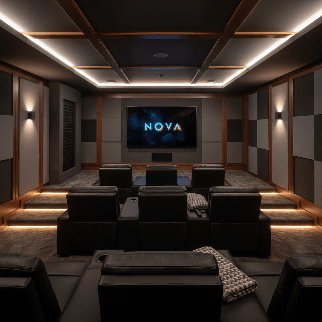 Modern luxury basement home theater with tiered leather recliners and ambient LED lighting.