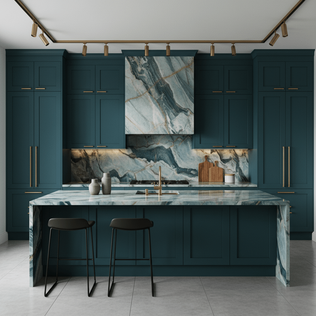 Modern kitchen with teal cabinets, quartzite countertops, and marble surfaces.