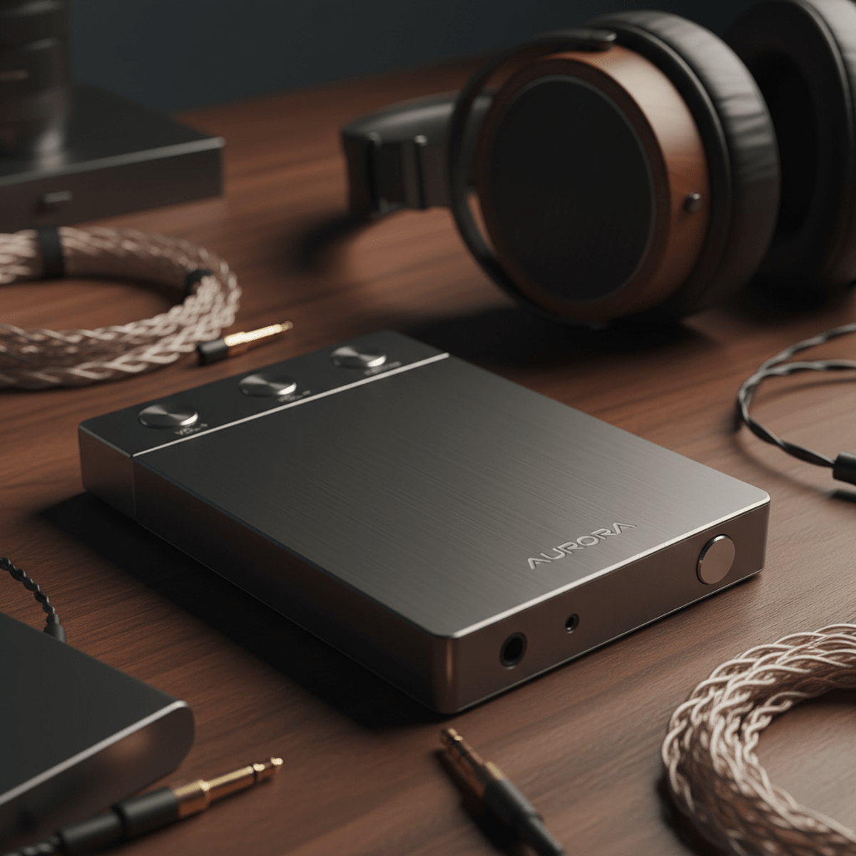 Close-up of a premium aluminum mp3 player on a wooden desk with audiophile headphones.