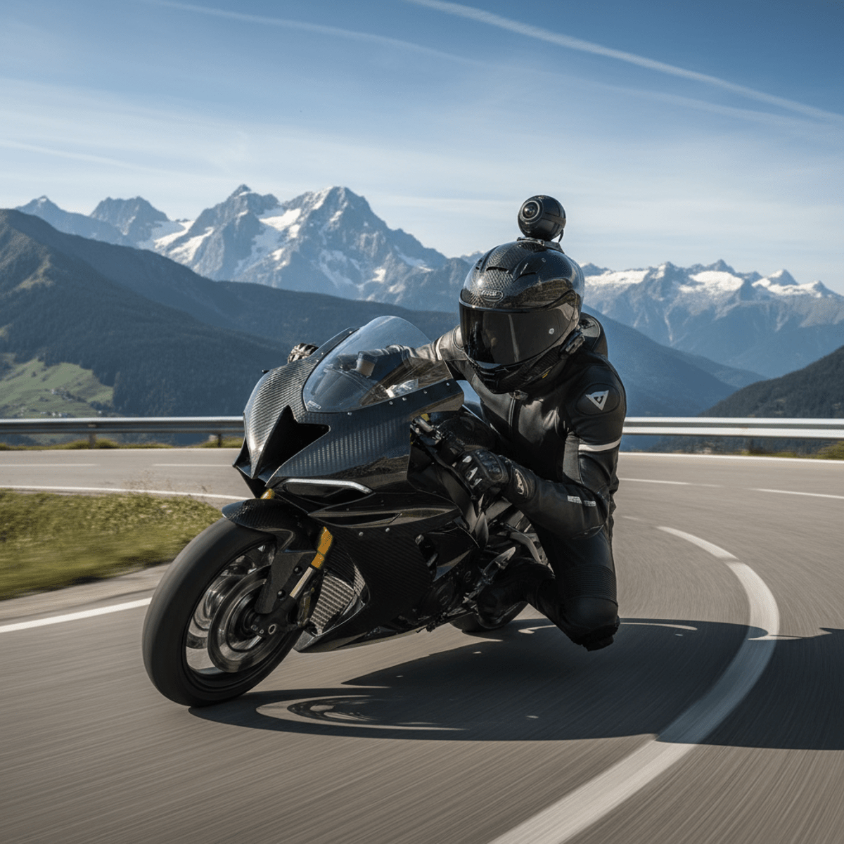 Motorcycle helmet with integrated camera captures dramatic mountain road corner.