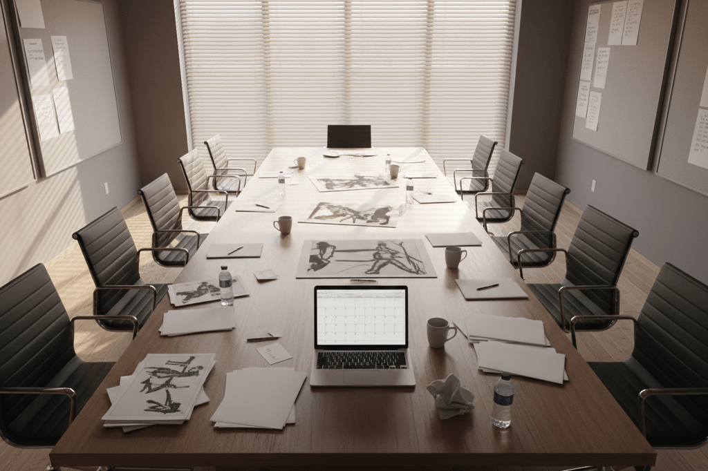 Wide shot of a film production meeting room with storyboards, papers, and laptop under natural light, highlighting collaborative planning