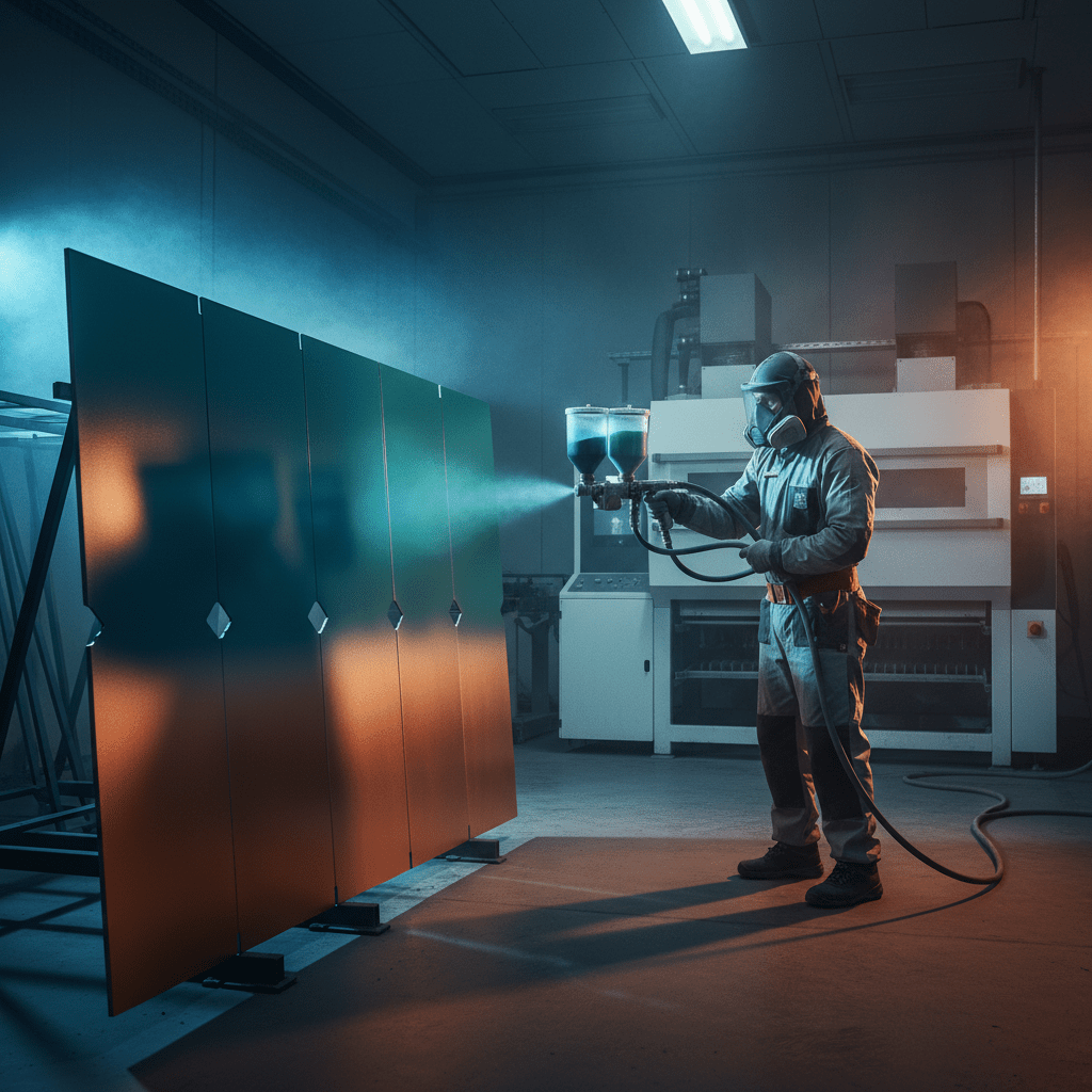 Operator applying smooth teal to copper gradient on architectural panels with dual-hopper gun.