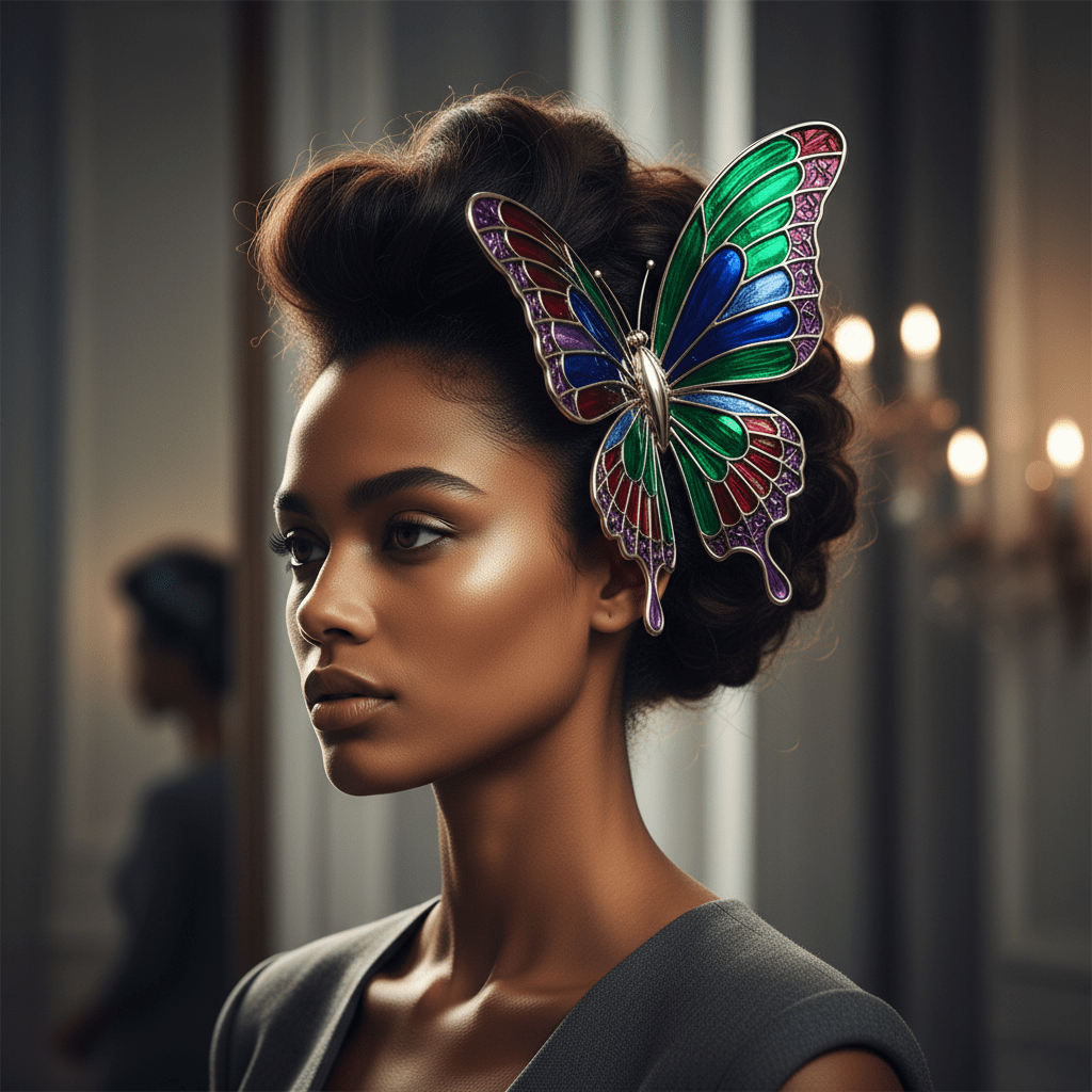 Statement butterfly hair clip in a modern updo Elaborate updo with a large, polished metal butterfly clip in vivid jewel tones.