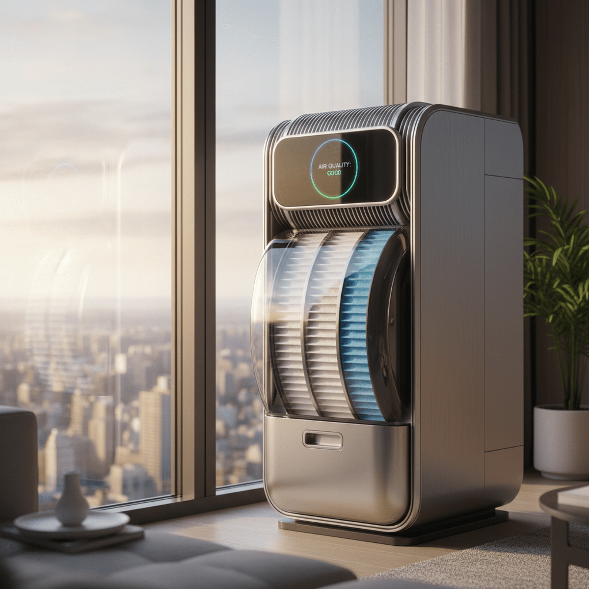 Modern vertical air conditioner with HEPA filter and ambient lighting in a city apartment.