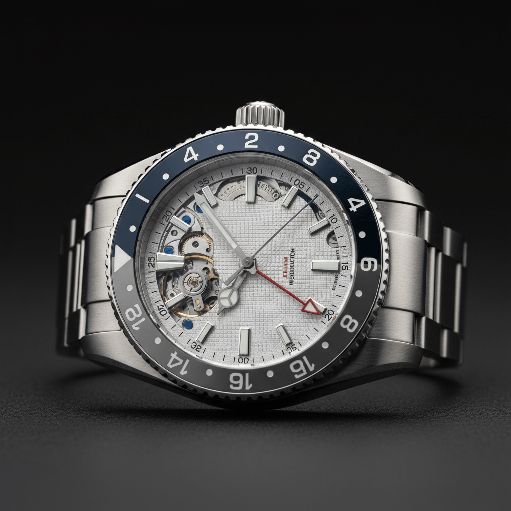 Sleek GMT wristwatch with brushed stainless steel case on a dark matte surface.